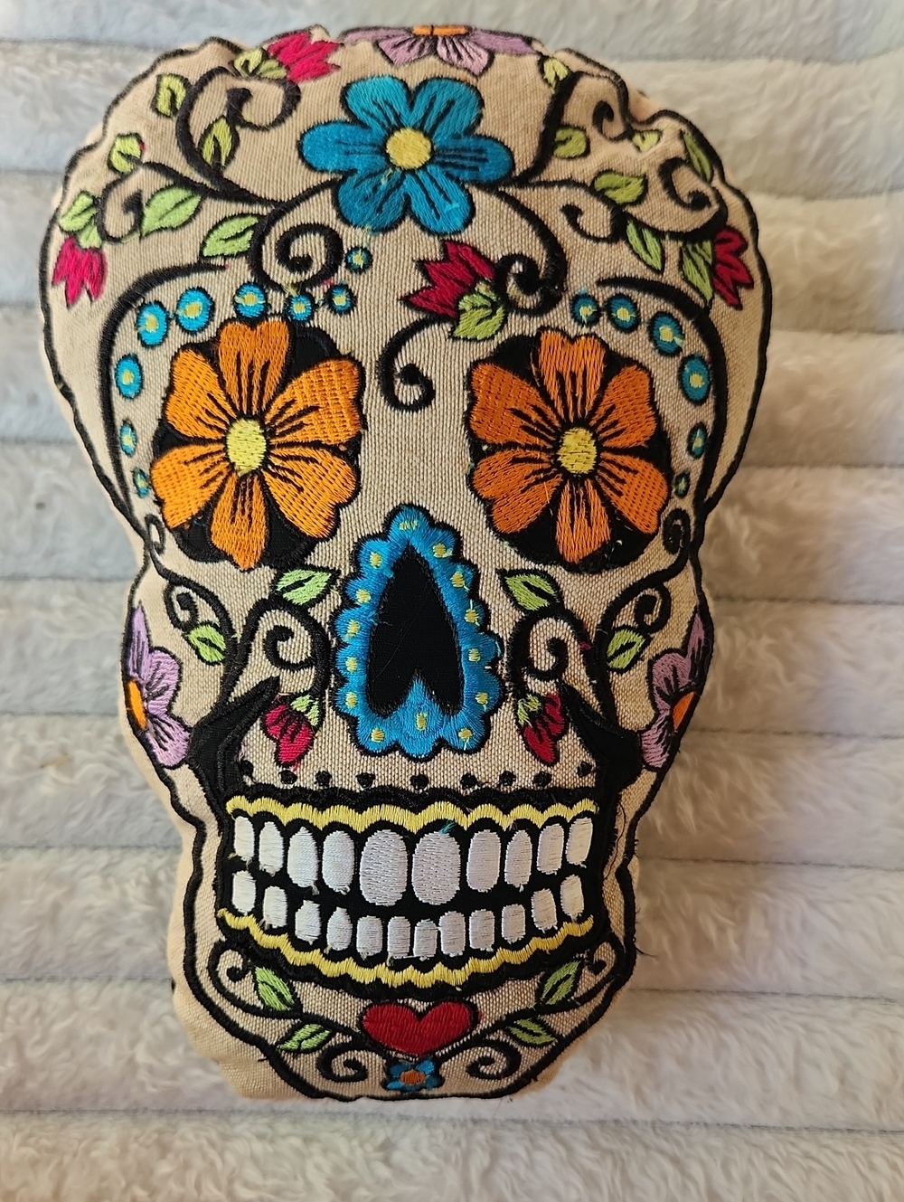 Embroidered Sugar Skull Accent Pillow - Multicolor Floral Design - 10"